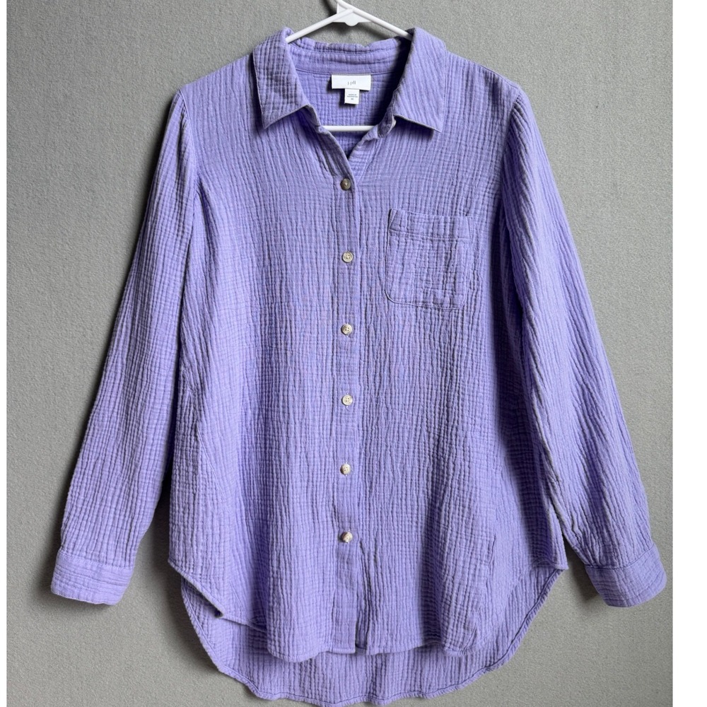 J. Jill Button Down Shirt Women XS Purple Gauze Cotton Long Sleeve High Low Hem
